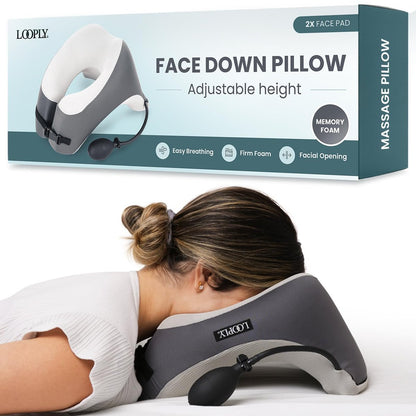 Face Down Pillow for Massage - Adjustable Massage Headrest Face Cradle for Bed - Breathable Stomach Sleeping Pillow with 2 Washable Pads - Grey Avelisse
