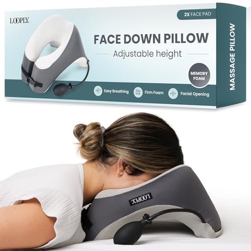 Face Down Pillow for Massage - Adjustable Massage Headrest Face Cradle for Bed - Breathable Stomach Sleeping Pillow with 2 Washable Pads - Grey Avelisse