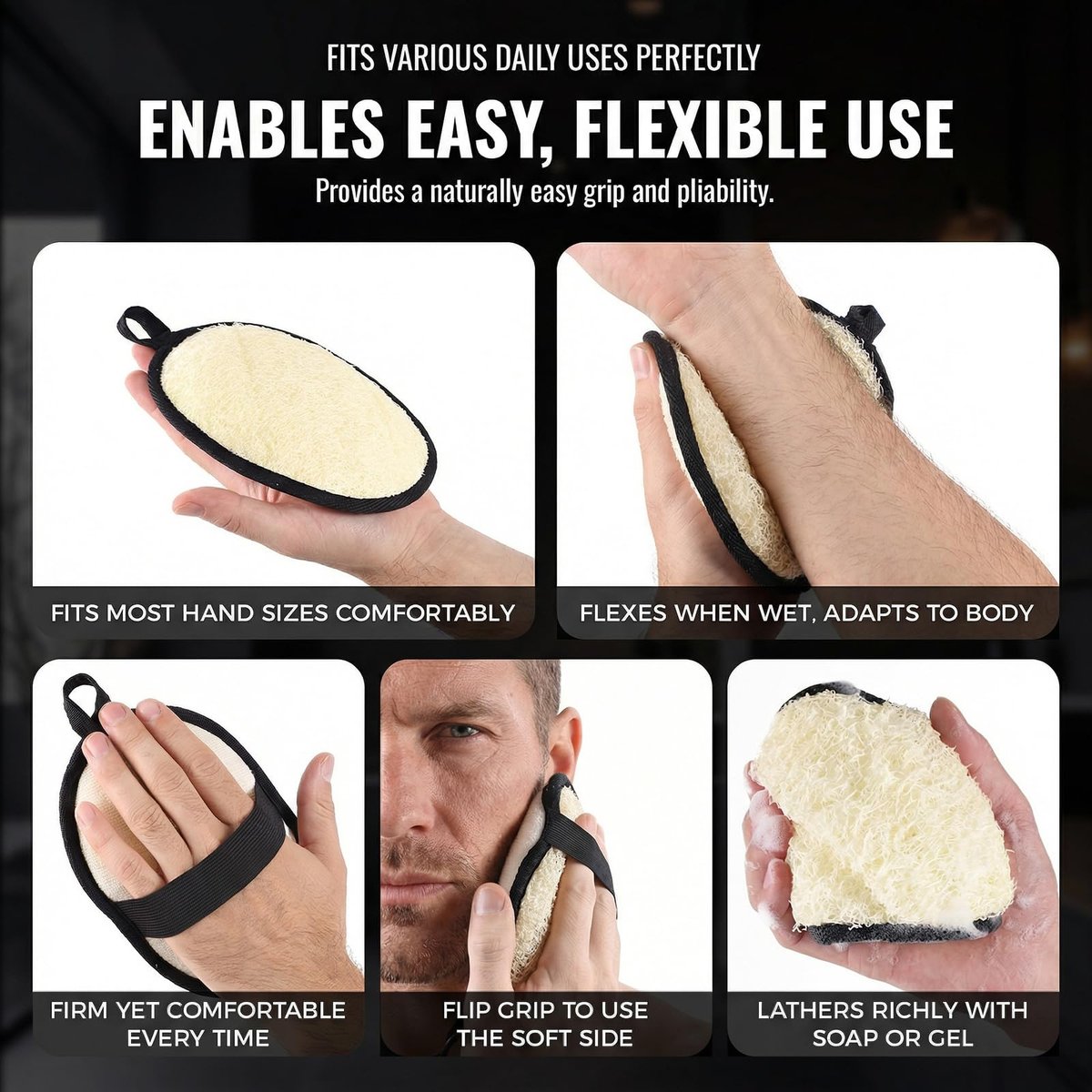 RIYNIBIY Natural Loofah for Men – 2-Pack Black & White Egyptian Luffa Body Scrubber, Quick-Drying Exfoliating Sponge Pad for Shower & Bath, Travel Essentials & Gym Tool Avelisse