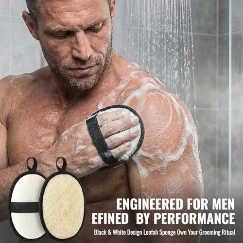 RIYNIBIY Natural Loofah for Men – 2-Pack Black & White Egyptian Luffa Body Scrubber, Quick-Drying Exfoliating Sponge Pad for Shower & Bath, Travel Essentials & Gym Tool Avelisse