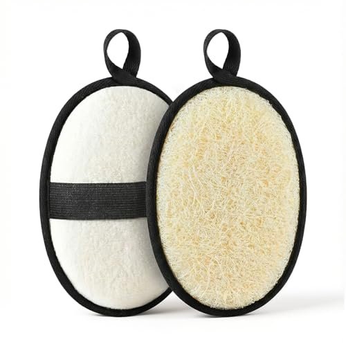 RIYNIBIY Natural Loofah for Men – 2-Pack Black & White Egyptian Luffa Body Scrubber, Quick-Drying Exfoliating Sponge Pad for Shower & Bath, Travel Essentials & Gym Tool Avelisse