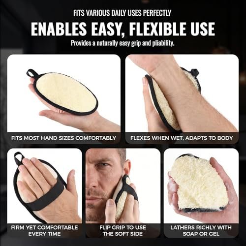 RIYNIBIY Natural Loofah for Men – 2-Pack Black & White Egyptian Luffa Body Scrubber, Quick-Drying Exfoliating Sponge Pad for Shower & Bath, Travel Essentials & Gym Tool Avelisse