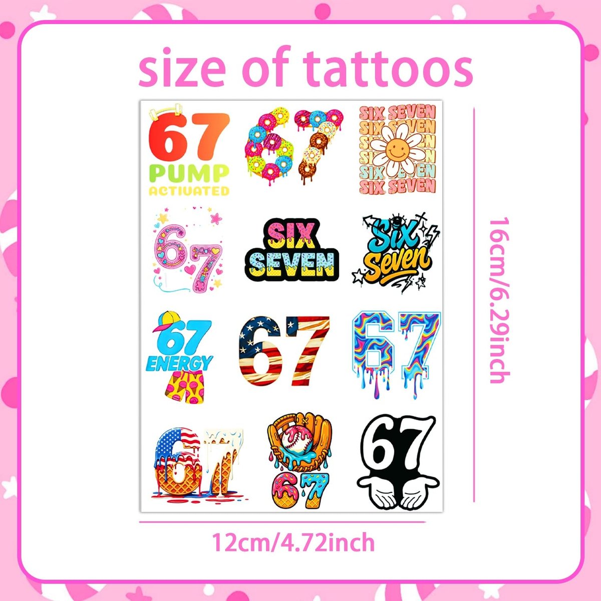 Funny Six Seven Temporary Tattoos - Number 6 7 Donut Ice Cream Baseball Meme Stickers for Kids & Adults - görsel 3