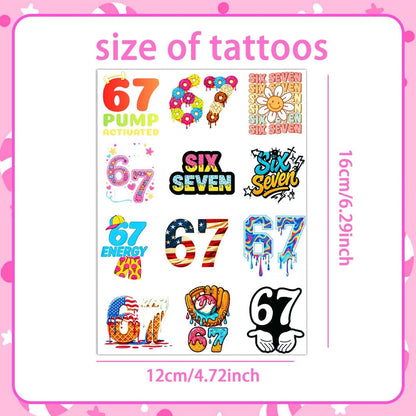 Funny Six Seven Temporary Tattoos - Number 6 7 Donut Ice Cream Baseball Meme Stickers for Kids & Adults