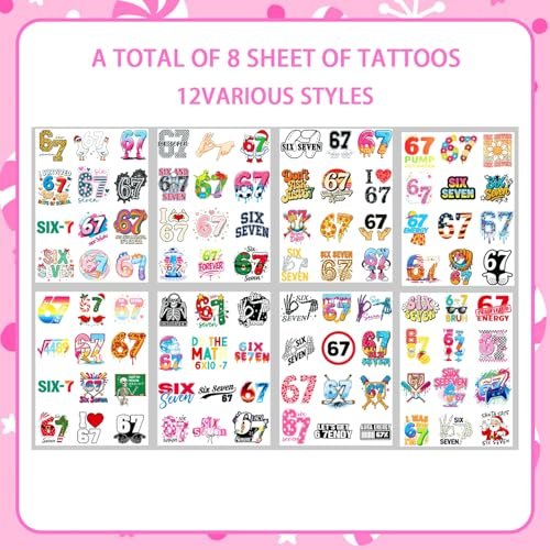 Funny Six Seven Temporary Tattoos - Number 6 7 Donut Ice Cream Baseball Meme Stickers for Kids & Adults - görsel 6