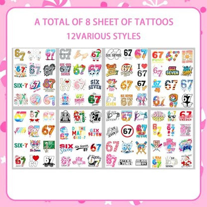 Funny Six Seven Temporary Tattoos - Number 6 7 Donut Ice Cream Baseball Meme Stickers for Kids & Adults
