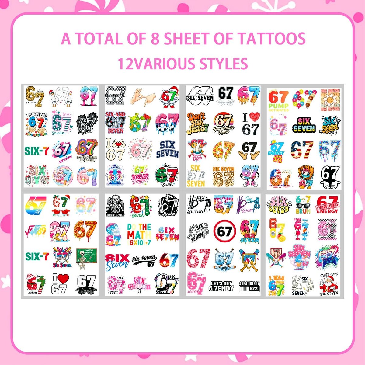 Funny Six Seven Temporary Tattoos - Number 6 7 Donut Ice Cream Baseball Meme Stickers for Kids & Adults - görsel 5