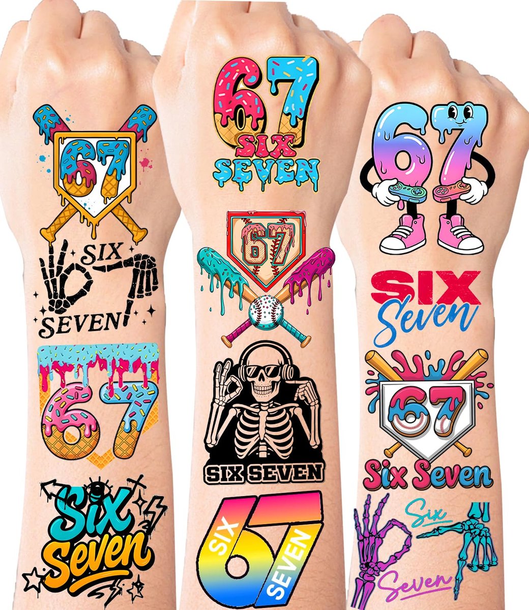Funny Six Seven Temporary Tattoos - Number 6 7 Donut Ice Cream Baseball Meme Stickers for Kids & Adults - görsel 1