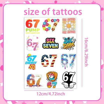 Funny Six Seven Temporary Tattoos - Number 6 7 Donut Ice Cream Baseball Meme Stickers for Kids & Adults
