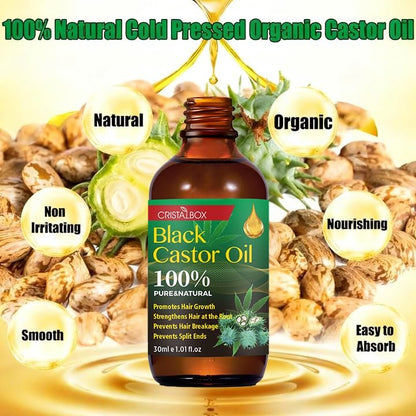 CRISTALBOX 3 Pack Jamaican Black Castor Oil - Organic, Cold Pressed, 100% Pure Natural Oil for Hair Growth, Eyelashes, Eyebrows, Face Moisturizer & Skin Hydration (0.33 Fl Oz Each)