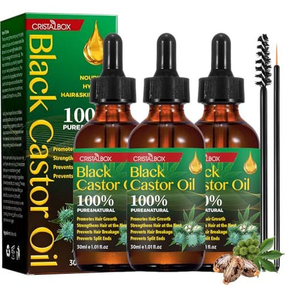 CRISTALBOX 3 Pack Jamaican Black Castor Oil - Organic, Cold Pressed, 100% Pure Natural Oil for Hair Growth, Eyelashes, Eyebrows, Face Moisturizer & Skin Hydration (0.33 Fl Oz Each)