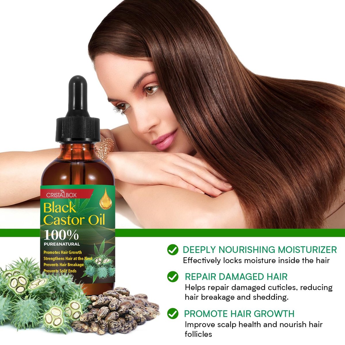 CRISTALBOX 3 Pack Jamaican Black Castor Oil - Organic, Cold Pressed, 100% Pure Natural Oil for Hair Growth, Eyelashes, Eyebrows, Face Moisturizer & Skin Hydration (0.33 Fl Oz Each) - görsel 11