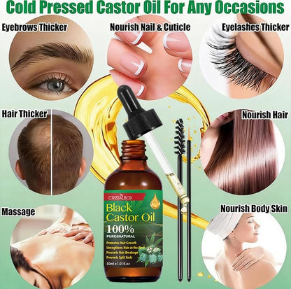 CRISTALBOX 3 Pack Jamaican Black Castor Oil - Organic, Cold Pressed, 100% Pure Natural Oil for Hair Growth, Eyelashes, Eyebrows, Face Moisturizer & Skin Hydration (0.33 Fl Oz Each)
