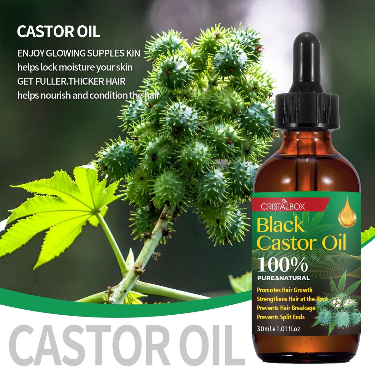 CRISTALBOX 3 Pack Jamaican Black Castor Oil - Organic, Cold Pressed, 100% Pure Natural Oil for Hair Growth, Eyelashes, Eyebrows, Face Moisturizer & Skin Hydration (0.33 Fl Oz Each) - görsel 14