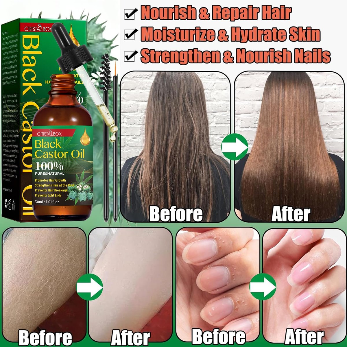 CRISTALBOX 3 Pack Jamaican Black Castor Oil - Organic, Cold Pressed, 100% Pure Natural Oil for Hair Growth, Eyelashes, Eyebrows, Face Moisturizer & Skin Hydration (0.33 Fl Oz Each) - görsel 6