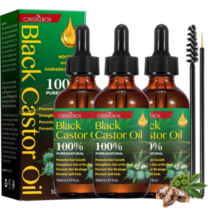 CRISTALBOX 3 Pack Jamaican Black Castor Oil - Organic, Cold Pressed, 100% Pure Natural Oil for Hair Growth, Eyelashes, Eyebrows, Face Moisturizer & Skin Hydration (0.33 Fl Oz Each)