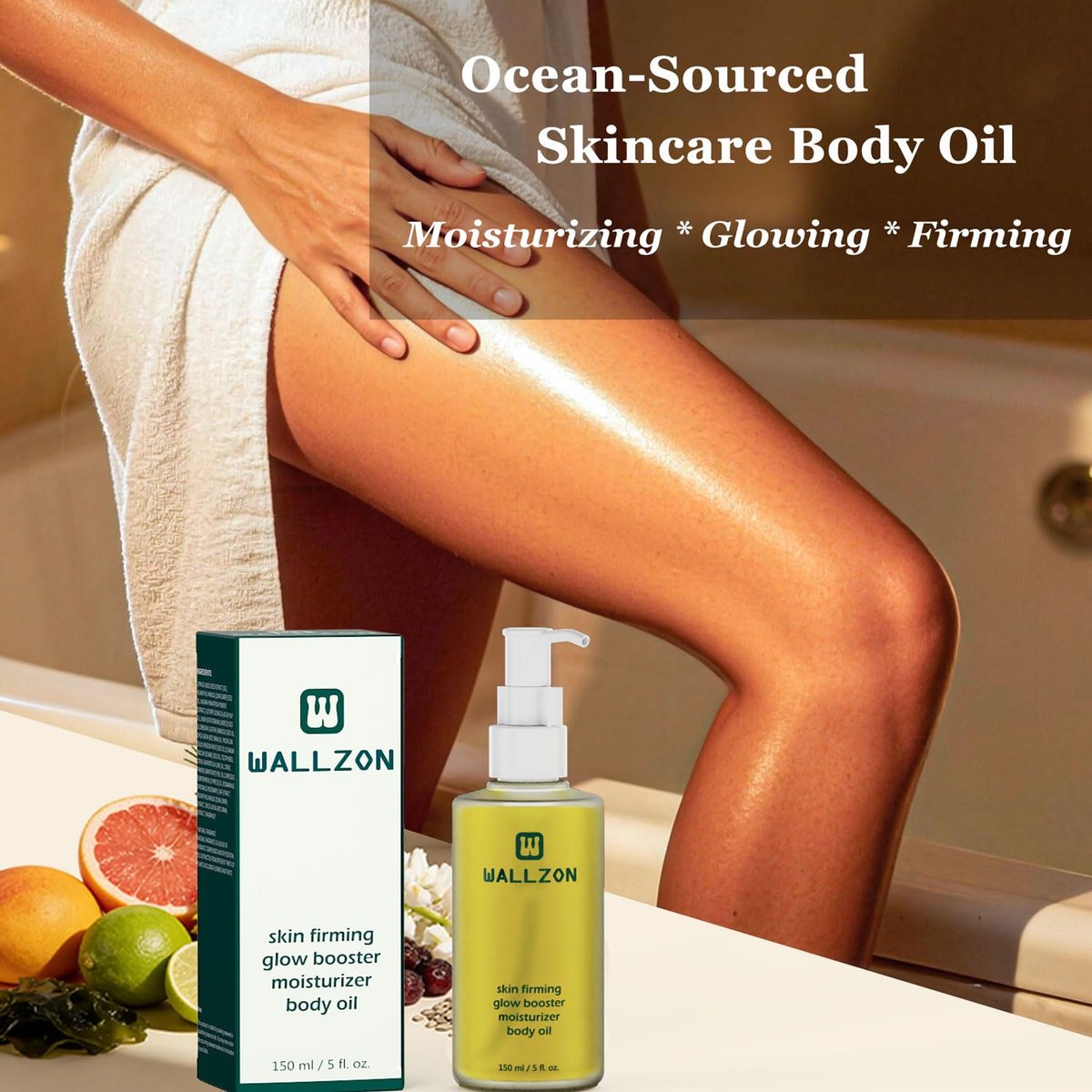 WALLZON Undaria Extract Body Oil 5 Oz – Seaweed & Botanical Oil for Firming, Elasticity & Deep Moisture, Lightweight Non-Greasy, Golden Scented Avelisse