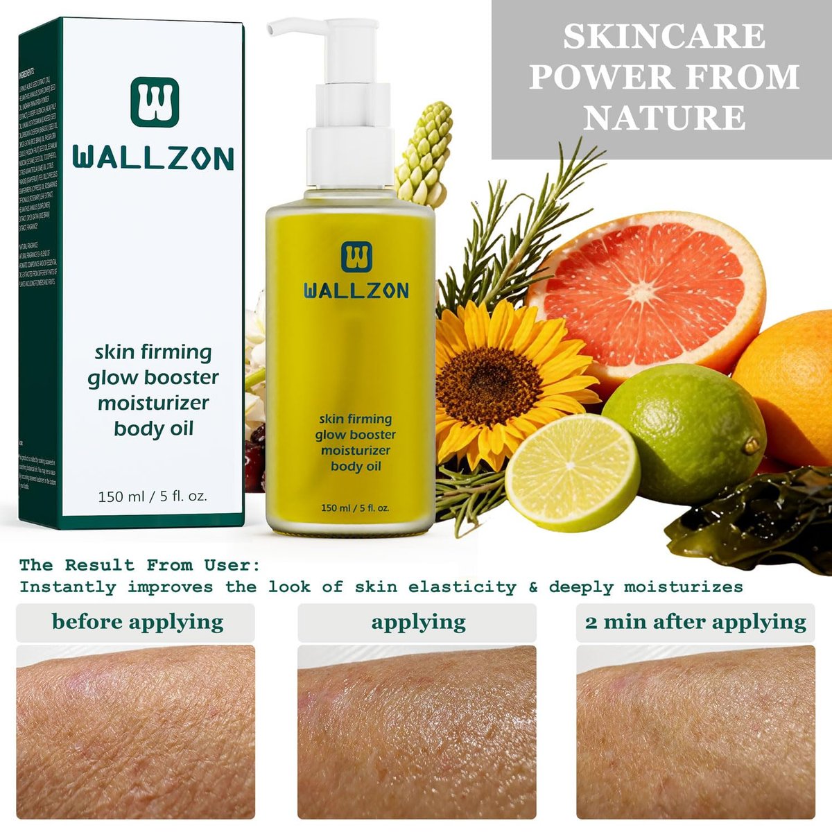 WALLZON Undaria Extract Body Oil 5 Oz – Seaweed & Botanical Oil for Firming, Elasticity & Deep Moisture, Lightweight Non-Greasy, Golden Scented Avelisse