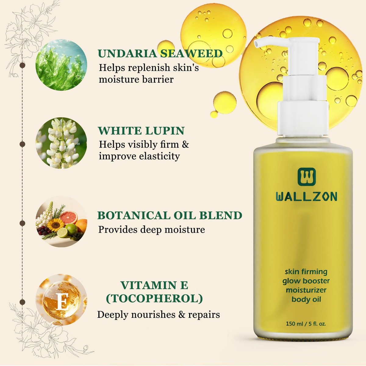 WALLZON Undaria Extract Body Oil 5 Oz – Seaweed & Botanical Oil for Firming, Elasticity & Deep Moisture, Lightweight Non-Greasy, Golden Scented Avelisse