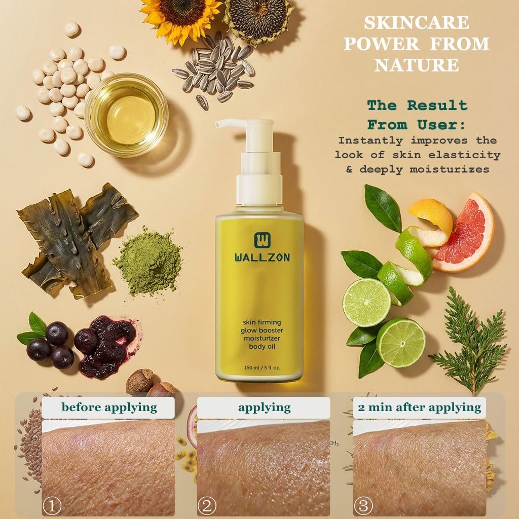 WALLZON Undaria Extract Body Oil 5 Oz – Seaweed & Botanical Oil for Firming, Elasticity & Deep Moisture, Lightweight Non-Greasy, Golden Scented Avelisse