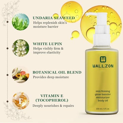WALLZON Undaria Extract Body Oil 5 Oz – Seaweed & Botanical Oil for Firming, Elasticity & Deep Moisture, Lightweight Non-Greasy, Golden Scented Avelisse