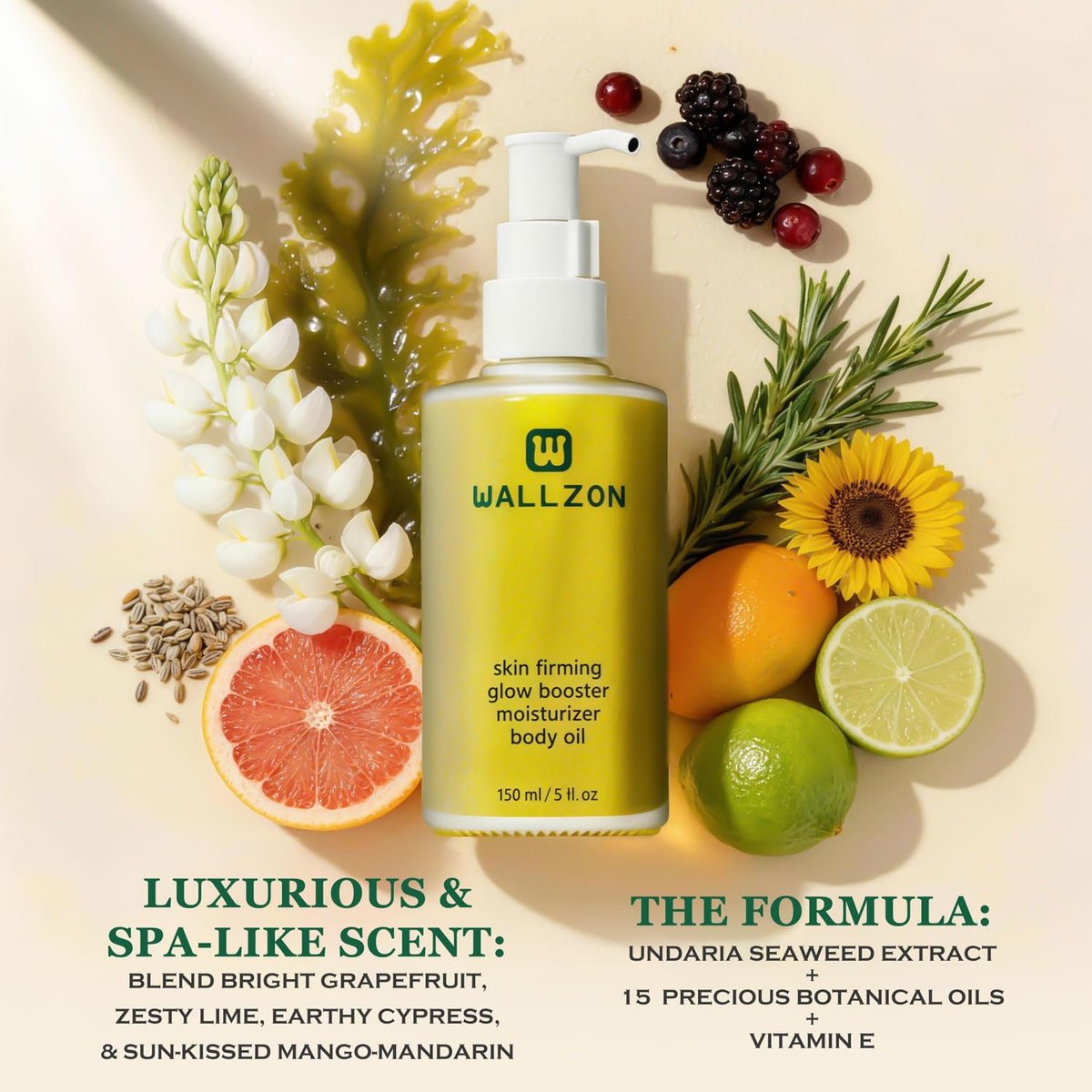 WALLZON Undaria Extract Body Oil 5 Oz – Seaweed & Botanical Oil for Firming, Elasticity & Deep Moisture, Lightweight Non-Greasy, Golden Scented Avelisse
