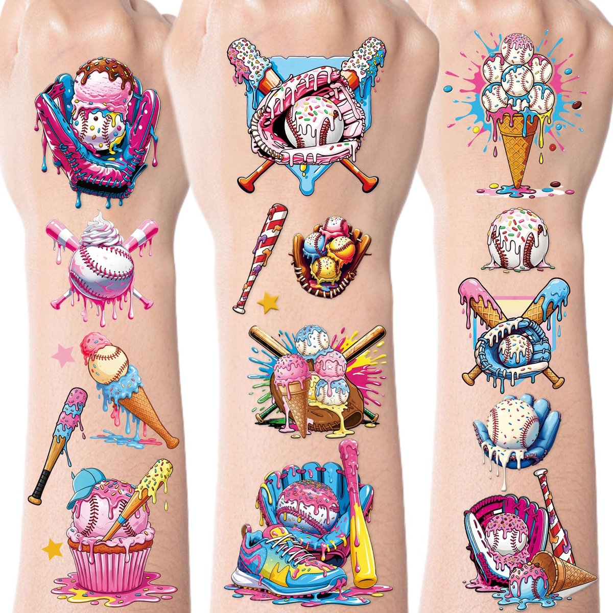 200+ Ice Cream Drip Temporary Tattoos for Baseball Birthday Party – Colorful Sport Game Activity Favors, School Prizes & Rewards Avelisse