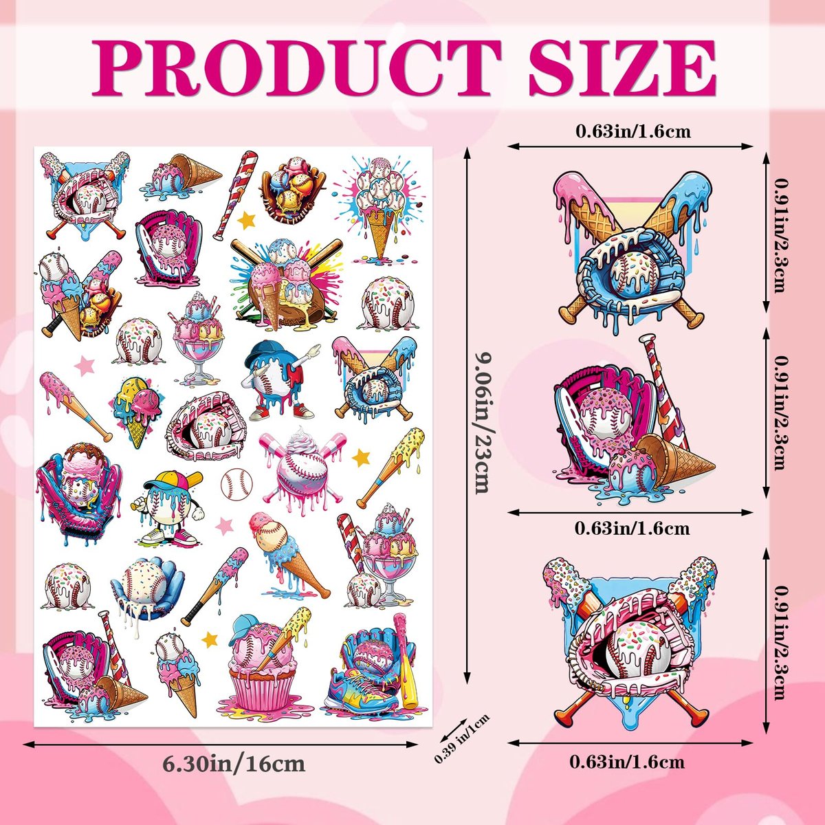 200+ Ice Cream Drip Temporary Tattoos for Baseball Birthday Party – Colorful Sport Game Activity Favors, School Prizes & Rewards Avelisse
