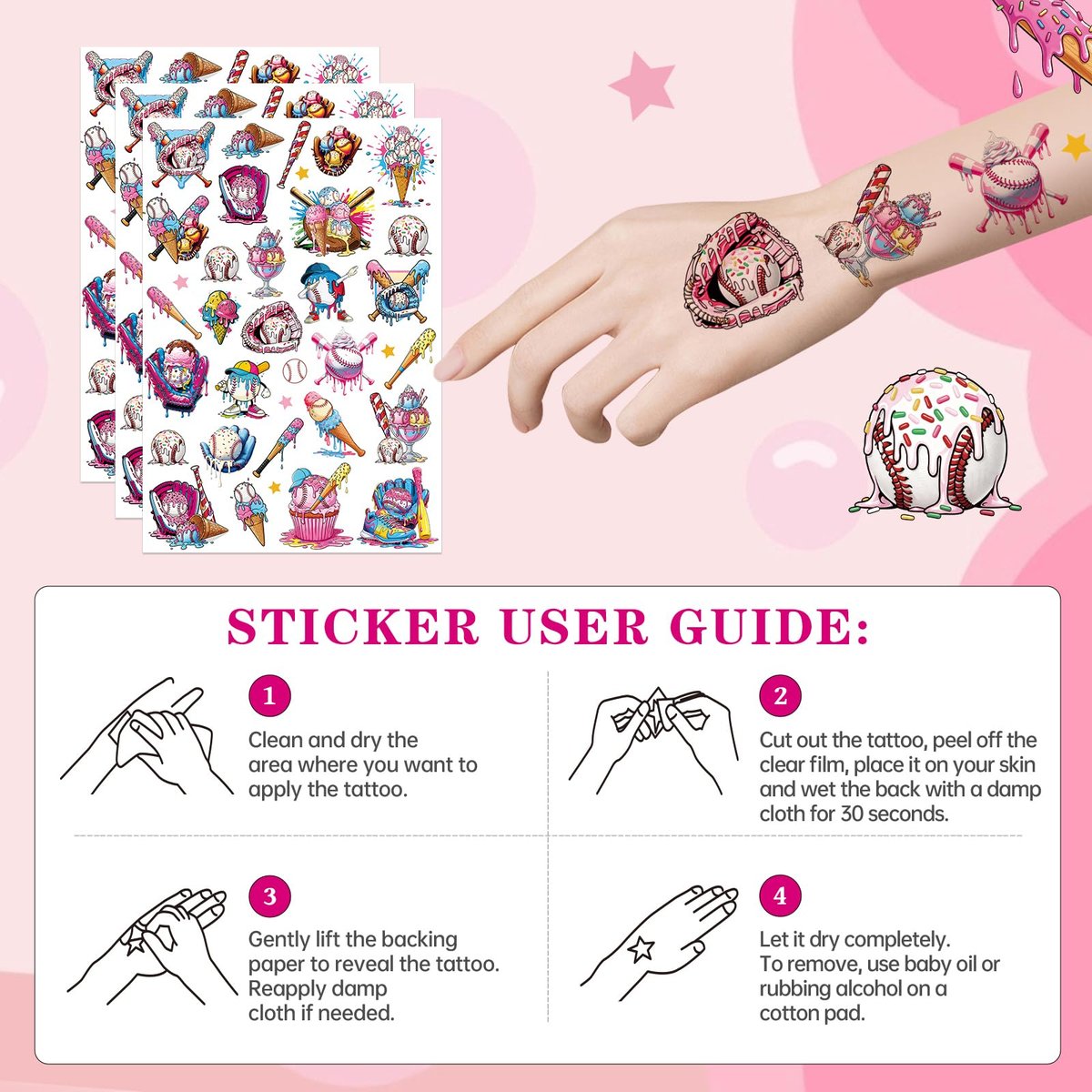 200+ Ice Cream Drip Temporary Tattoos for Baseball Birthday Party – Colorful Sport Game Activity Favors, School Prizes & Rewards Avelisse