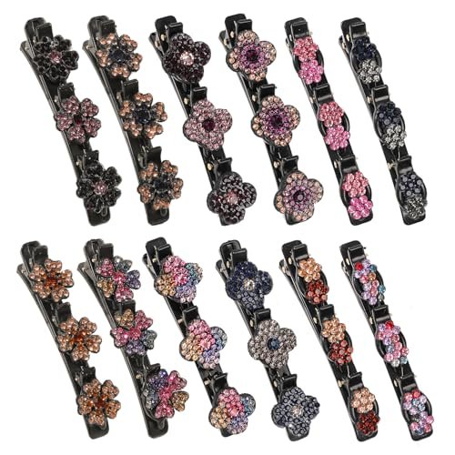 12PCS Sparkling Crystal Stone Braided Hair Clips for Women Girls - Shiny Flower Rhinestone Duckbill Hair Clip Set - görsel 2