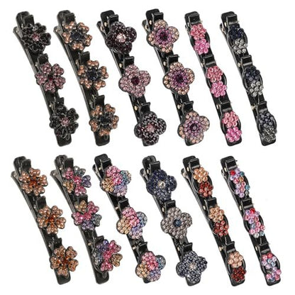 12PCS Sparkling Crystal Stone Braided Hair Clips for Women Girls - Shiny Flower Rhinestone Duckbill Hair Clip Set