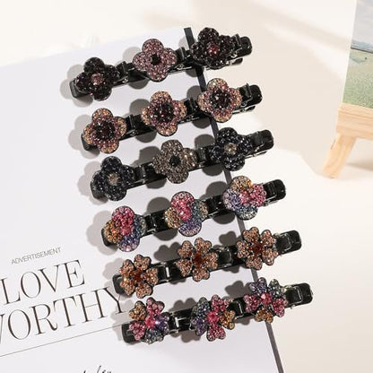12PCS Sparkling Crystal Stone Braided Hair Clips for Women Girls - Shiny Flower Rhinestone Duckbill Hair Clip Set