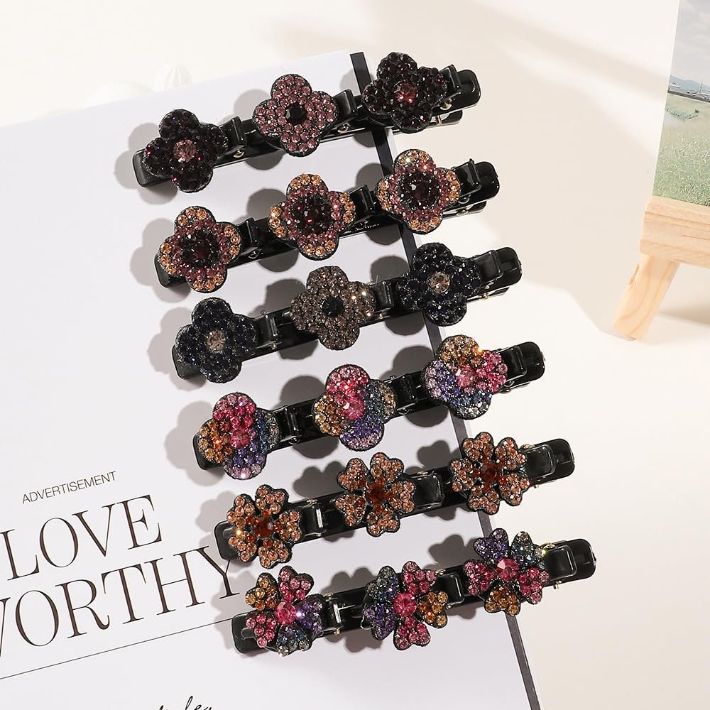 12PCS Sparkling Crystal Stone Braided Hair Clips for Women Girls - Shiny Flower Rhinestone Duckbill Hair Clip Set - görsel 15