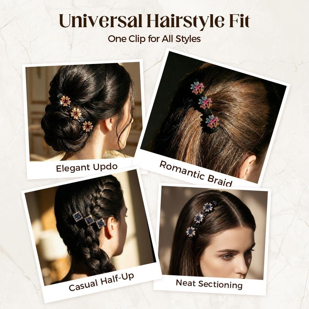 12PCS Sparkling Crystal Stone Braided Hair Clips for Women Girls - Shiny Flower Rhinestone Duckbill Hair Clip Set - görsel 3