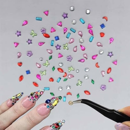 AWDSLUY 3000Pcs Colorful Rhinestones Nail Art Charms - 3D Mini Heart Star Flower Crystal Flat Back Nail Gems for Acrylic Nails, Kawaii Nail Crafts