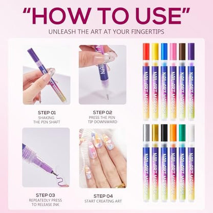 12 Colors Nail Art Markers Set - Quick Dry 3D Nail Art Pens for Women & Girls, Home & Salon Manicure Tools Avelisse