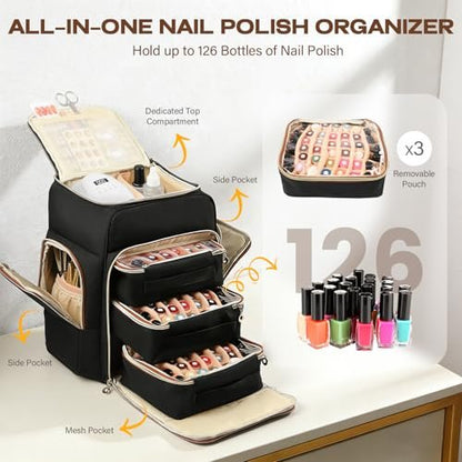 Bibiventa Nail Polish Organizer Backpack - Holds 126 Bottles & Nail Lamp, Extra Large Nail Storage Case with 3 Removable Pouches, Portable Nail Bag for Tech & Travel Avelisse