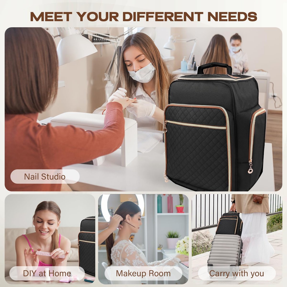Bibiventa Nail Polish Organizer Backpack - Holds 126 Bottles & Nail Lamp, Extra Large Nail Storage Case with 3 Removable Pouches, Portable Nail Bag for Tech & Travel Avelisse