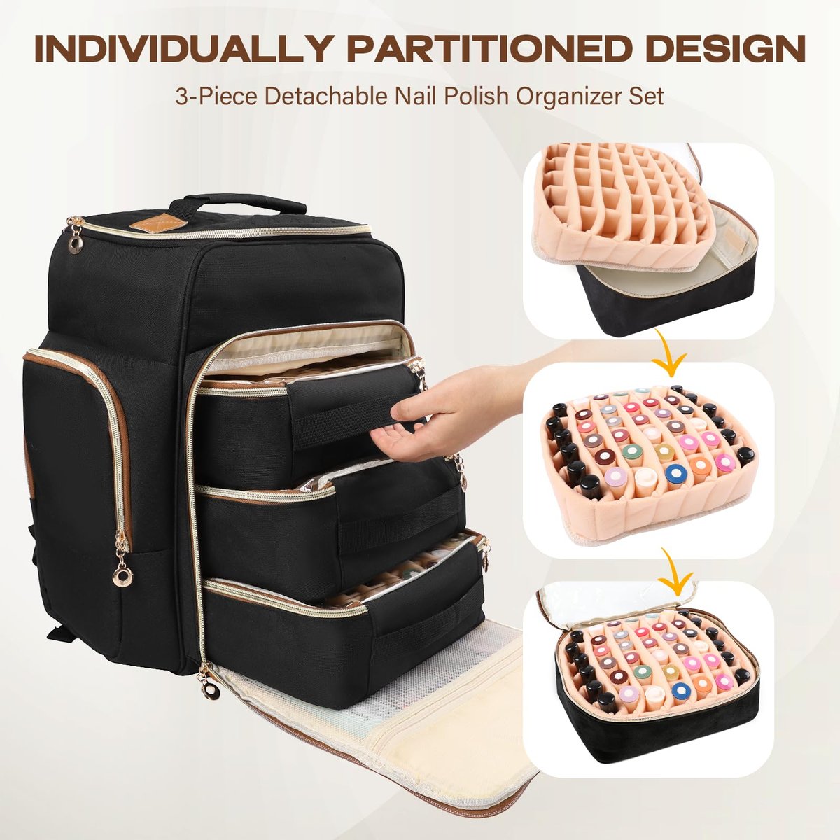 Bibiventa Nail Polish Organizer Backpack - Holds 126 Bottles & Nail Lamp, Extra Large Nail Storage Case with 3 Removable Pouches, Portable Nail Bag for Tech & Travel Avelisse