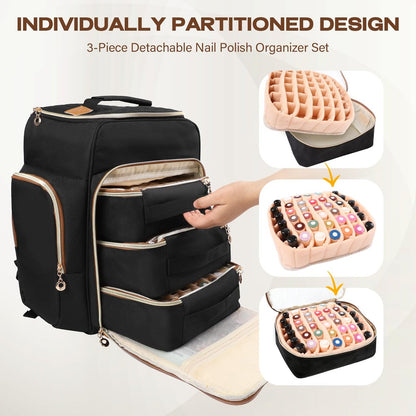 Bibiventa Nail Polish Organizer Backpack - Holds 126 Bottles & Nail Lamp, Extra Large Nail Storage Case with 3 Removable Pouches, Portable Nail Bag for Tech & Travel Avelisse