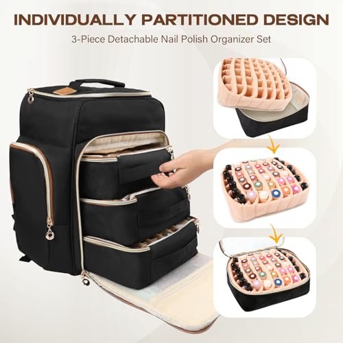 Bibiventa Nail Polish Organizer Backpack - Holds 126 Bottles & Nail Lamp, Extra Large Nail Storage Case with 3 Removable Pouches, Portable Nail Bag for Tech & Travel Avelisse