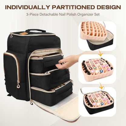 Bibiventa Nail Polish Organizer Backpack - Holds 126 Bottles & Nail Lamp, Extra Large Nail Storage Case with 3 Removable Pouches, Portable Nail Bag for Tech & Travel Avelisse