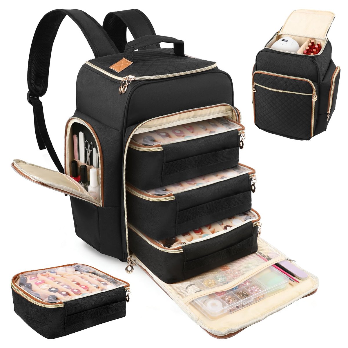 Bibiventa Nail Polish Organizer Backpack - Holds 126 Bottles & Nail Lamp, Extra Large Nail Storage Case with 3 Removable Pouches, Portable Nail Bag for Tech & Travel Avelisse