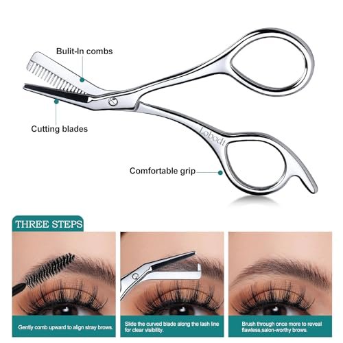 Precision Eyebrow Scissors with Comb – 4.65-Inch Stainless Steel Trimming Shears for Women and Men, Includes PU Case Avelisse