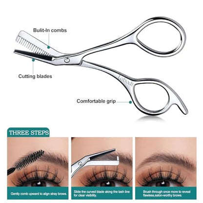 Precision Eyebrow Scissors with Comb – 4.65-Inch Stainless Steel Trimming Shears for Women and Men, Includes PU Case Avelisse