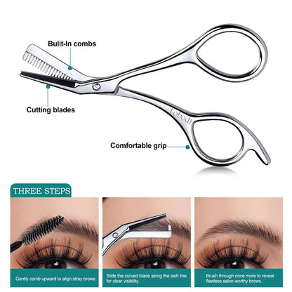 Precision Eyebrow Scissors with Comb – 4.65-Inch Stainless Steel Trimming Shears for Women and Men, Includes PU Case Avelisse