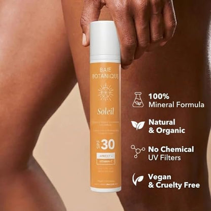 Baie Botanique Mineral Sunscreen SPF 30 – Natural Zinc Oxide Sun Cream for Sensitive Skin, Vegan & Non-Nano, with Vitamin C, Apricot Oil & Hyaluronic Acid – 100g