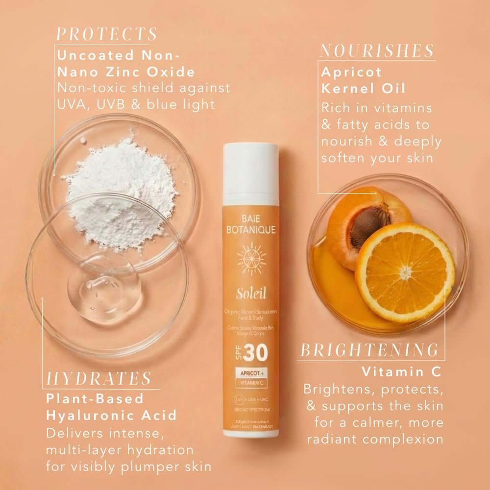 Baie Botanique Mineral Sunscreen SPF 30 – Natural Zinc Oxide Sun Cream for Sensitive Skin, Vegan & Non-Nano, with Vitamin C, Apricot Oil & Hyaluronic Acid – 100g - görsel 7