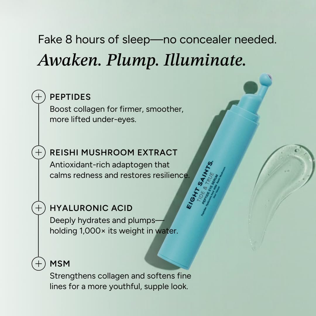 Eight Saints Tide & True Peptide Eye Serum - Under Eye Roller Ball for Puffiness, Dark Circles & Fine Lines with Peptides, Hyaluronic Acid, Reishi Mushroom, 0.5 fl oz Avelisse