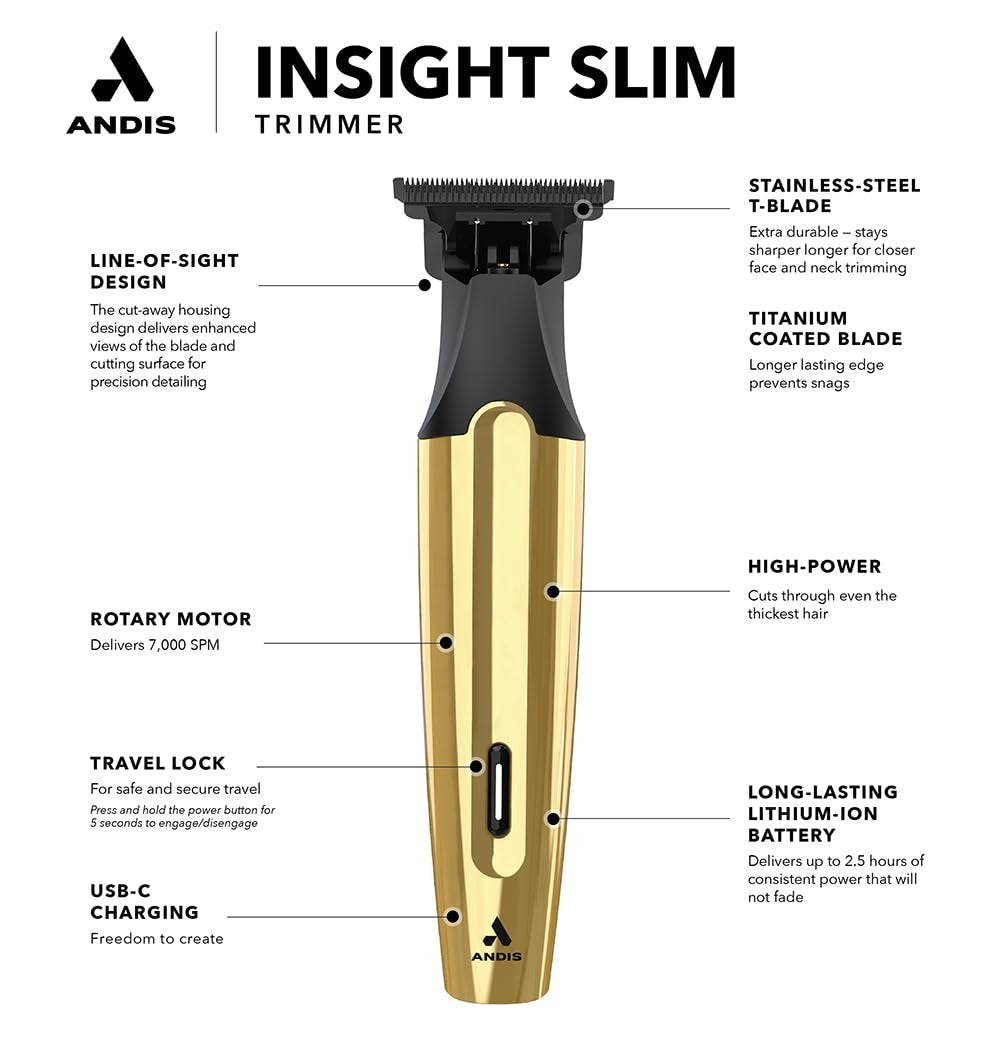 Andis Insight Slim Cordless Hair Trimmer – Gold, 9-Piece Kit, Stainless Steel T-Blade, Lithium-Ion Battery Avelisse